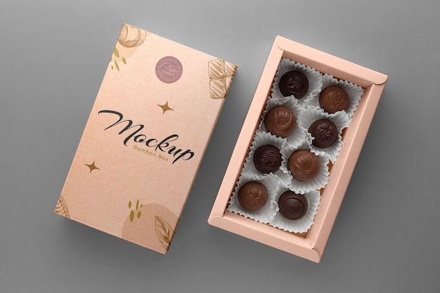 PSD view of cardboard candy box with grey background