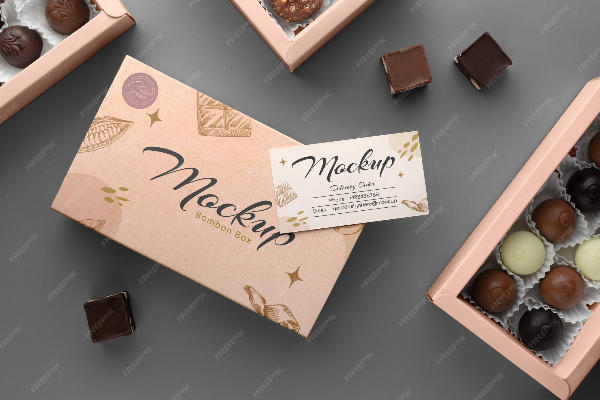 Premium PSD | View of cardboard candy box with grey background