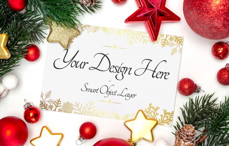 PSD クリスマスカードと装飾モックアップのビュー