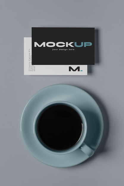 view of coffee cup with professional business card mock-up