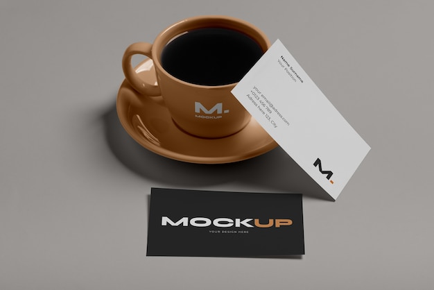 view of coffee cup with professional business card mock-up