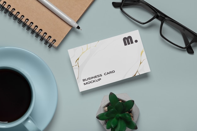 view of coffee cup with professional business card mock-up