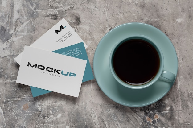 view of coffee cup with professional business card mock-up