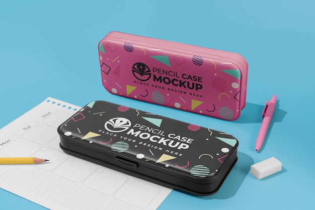 PSD view of colorful pencil case with geometric shapes