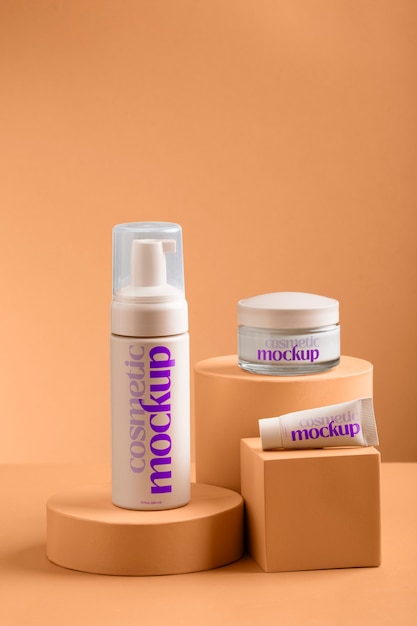 View of cosmetic product with apricot color background