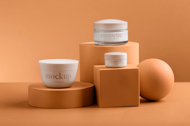 View of cosmetic product with apricot color background