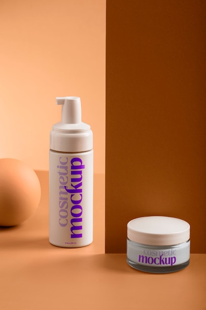 View of cosmetic product with apricot color background