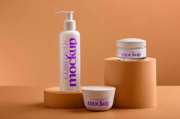 View of cosmetic product with apricot color background