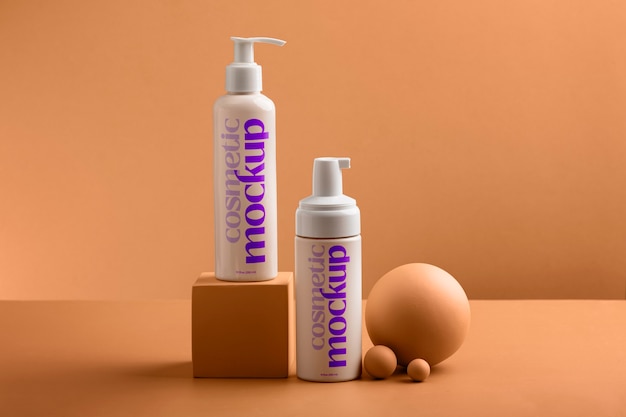 View of cosmetic product with apricot color background