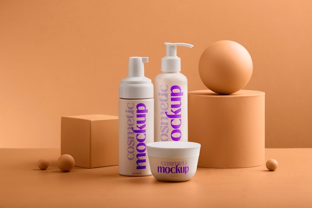 View of cosmetic product with apricot color background
