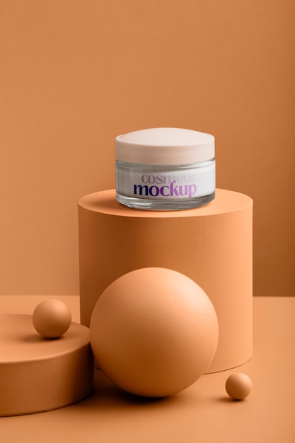 View of cosmetic product with apricot color background