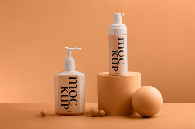 View of cosmetic product with apricot color background