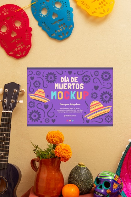 PSD vista della ghirlanda di dia de muertos su un muro