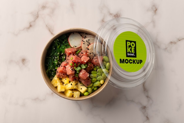 PSD above view fresh delicious poke bowl mockup