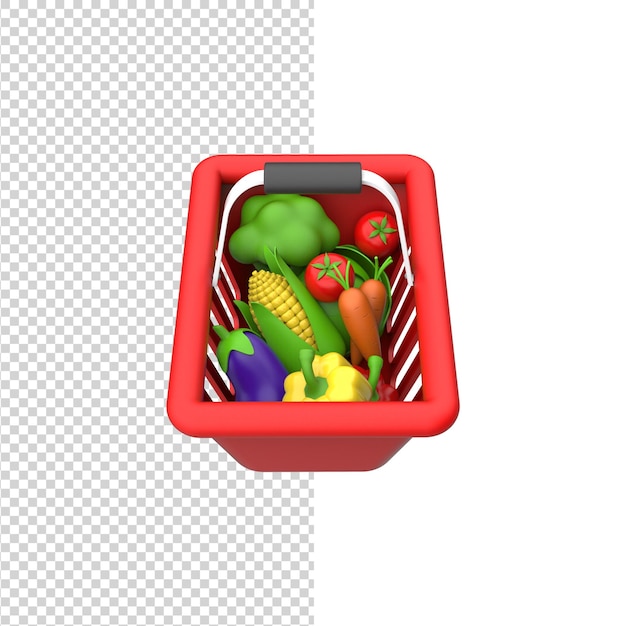 View from above red food basket with healthy food vegetables set 3d render isolated background