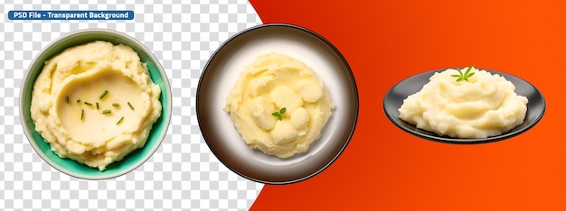 View from top and side of a set of creamy mashed potatoes in a bowl and plate