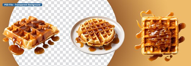 PSD view from the top and side of a set of waffles with caramel sauce