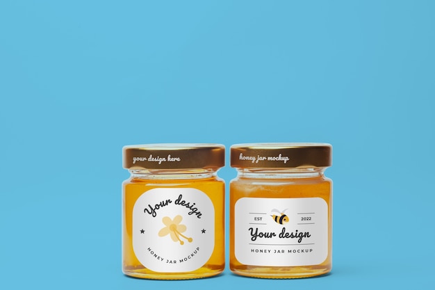 View of glass honey jars with mock-up label