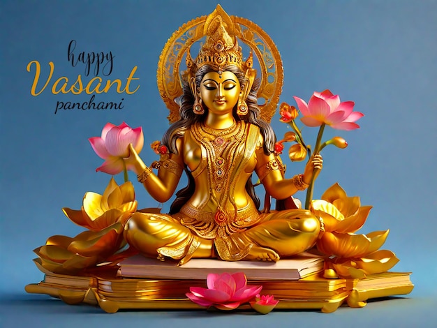 View golden idol of goddess sarasvati on books black and colorful background