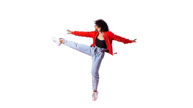 PSD view of happy woman jumping in mid-air