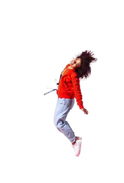 PSD view of happy woman jumping in mid-air