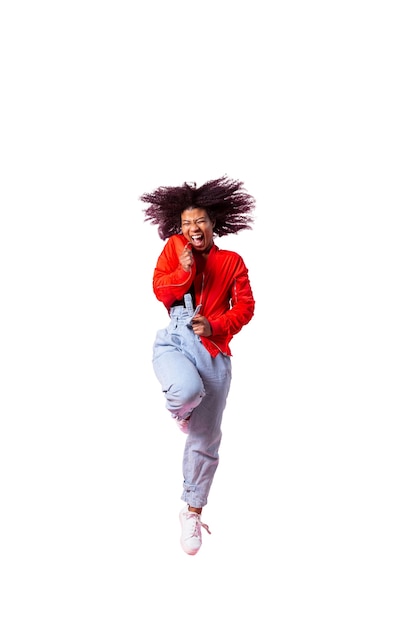 PSD view of happy woman jumping in mid-air