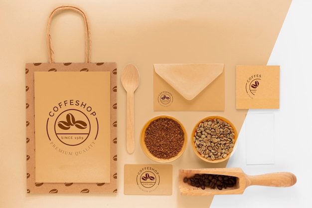 PSD above view items arrangement coffee branding