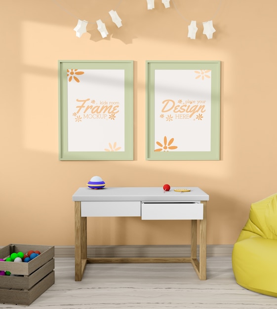 PSD view of kids room with frame mock-up and interior decor