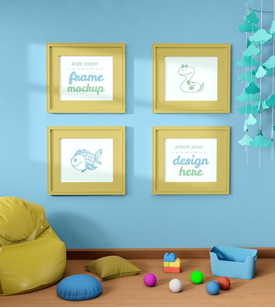 View of kids room with frame mock-up and interior decor