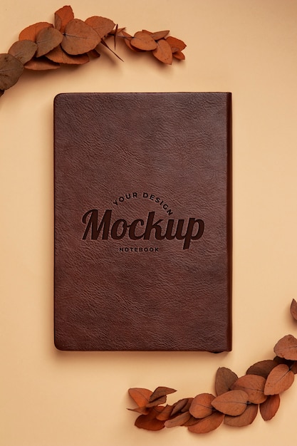 PSD above view leather notebook mockup