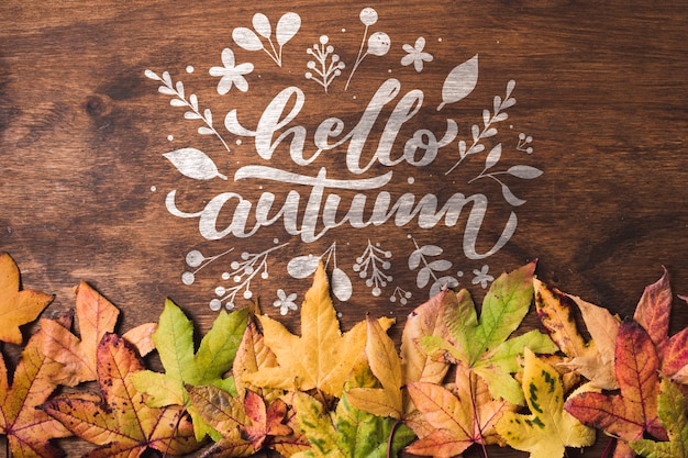 Above view leaves frame on wooden background