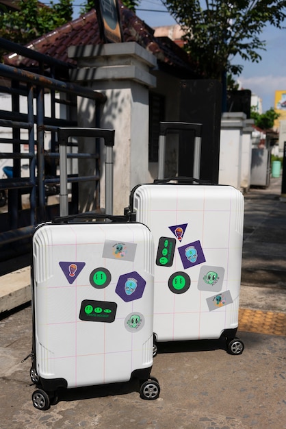 PSD view of luggage mock-up with stickers