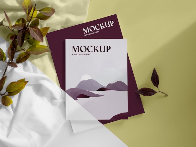 above view magazine and leaves mockup