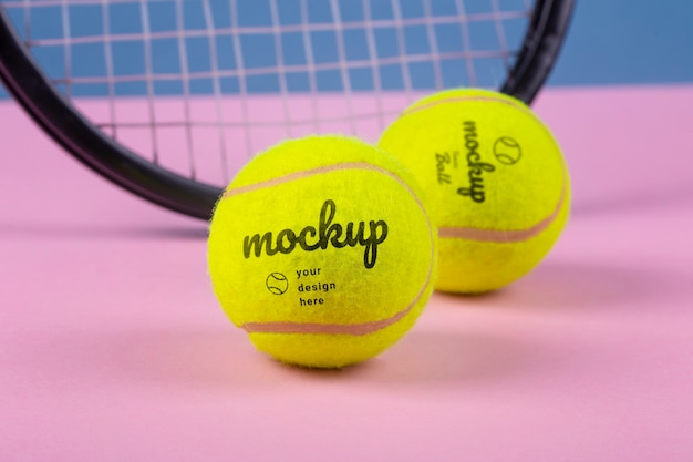 View of mock-up tennis balls and tennis racket