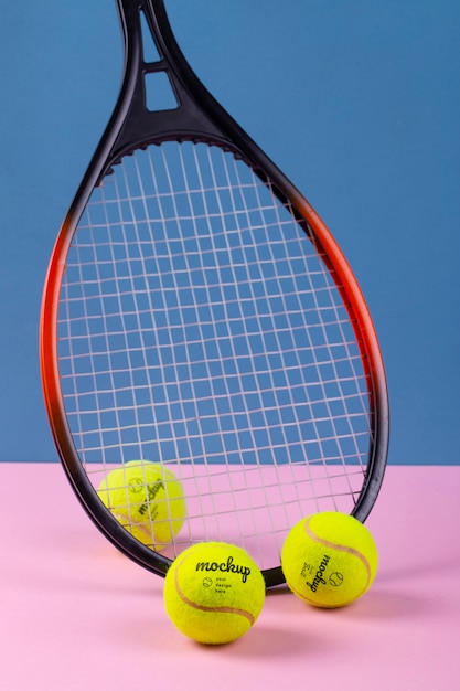 View of mock-up tennis balls and tennis racket