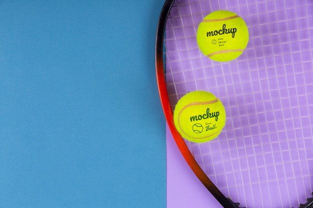 View of mock-up tennis balls and tennis racket