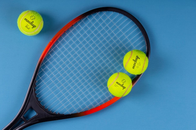 PSD view of mock-up tennis balls and tennis racket