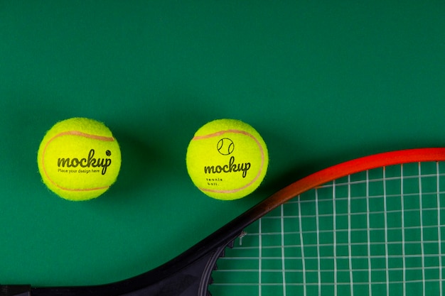 View of mock-up tennis balls and tennis racket