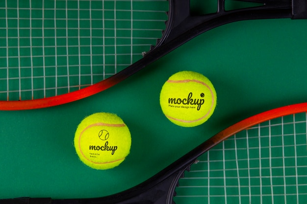 View of mock-up tennis balls and tennis racket