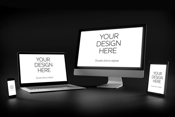 PSD view of a mockup of smartphone, tablet, desktop computer, and laptop