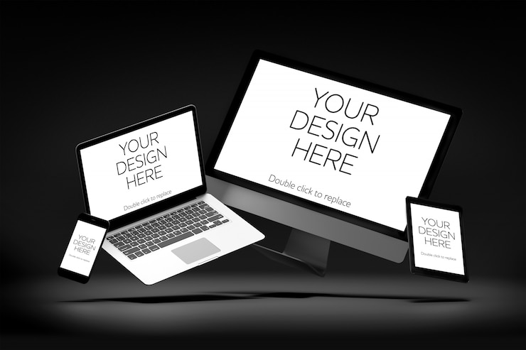 PSD view of a mockup of smartphone, tablet, desktop computer, and laptop