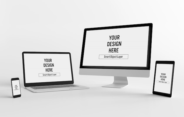 Visualizzazione di un mockup di smartphone, tablet, computer desktop e laptop