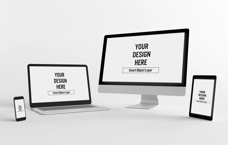 PSD view of a mockup of smartphone, tablet, desktop computer, and laptop