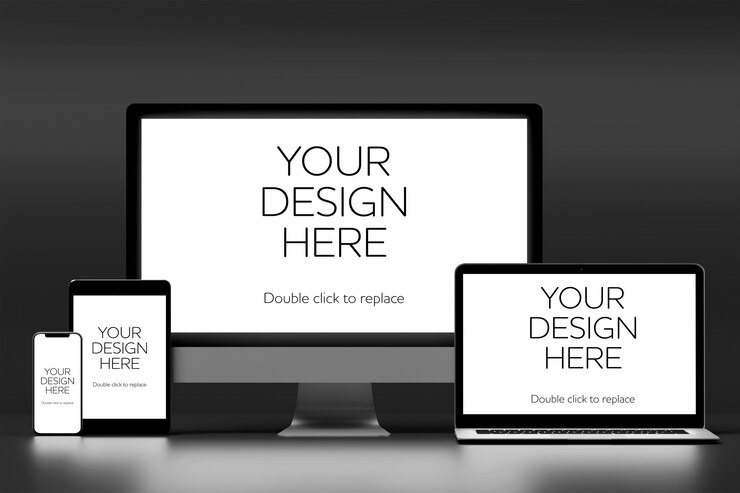 PSD view of a mockup of smartphone, tablet, desktop computer, and laptop