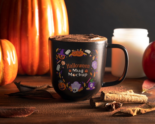 PSD view of mug for halloween with decorations