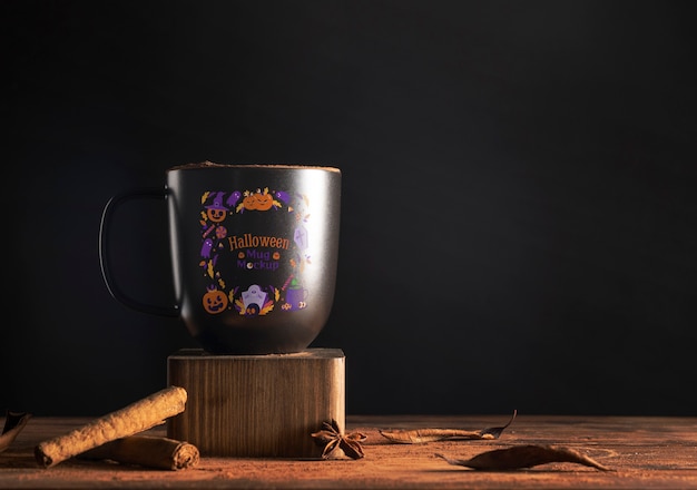 View of mug for halloween with decorations