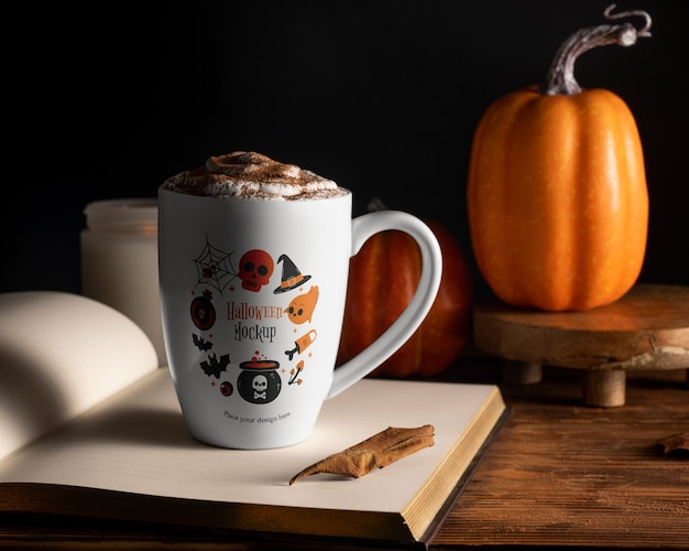 View of mug for halloween with decorations