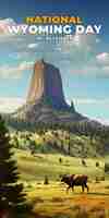 PSD vista del national devils tower monument con byson wyoming day artificial intelligence generativ