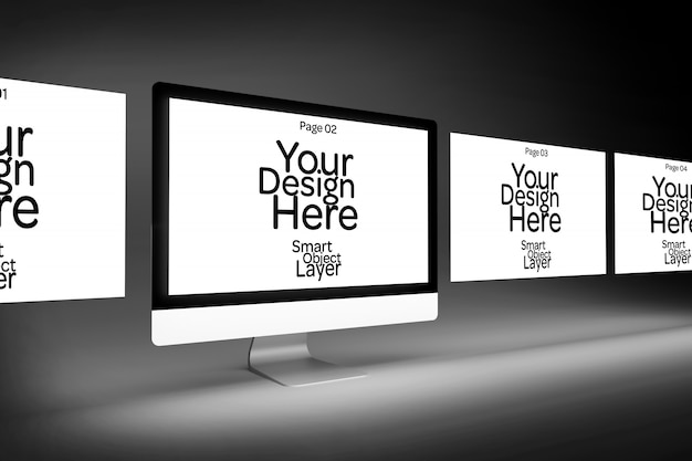 PSD デスクトップコンピューターモックアップ上の4つのwebページの表示