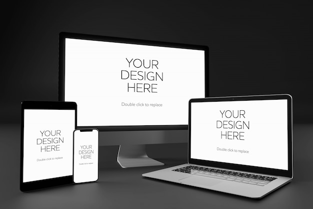 View of a Desktop, Laptop, Smartphone and Tablet Mockup